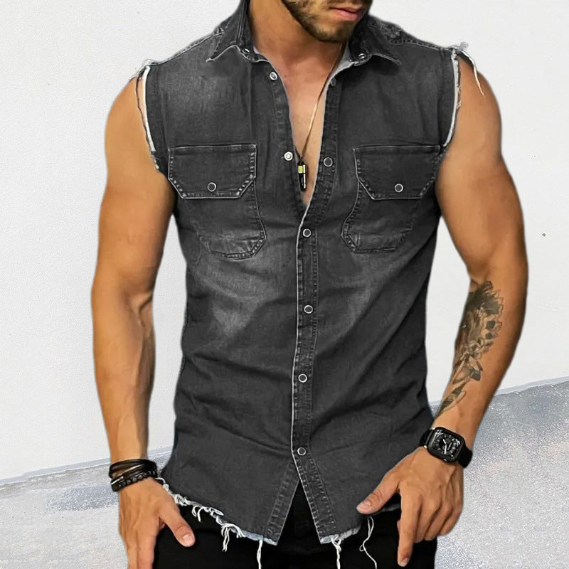 Men's Vintage Washed Raw Edge Lapel Sleeveless Denim Shirt
