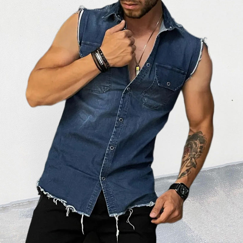 Men's Vintage Washed Raw Edge Lapel Sleeveless Denim Shirt