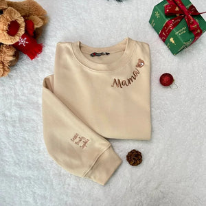 Custom Mama Christmas Sweatshirt With Kids’ Names on Sleeve, Personalized Embroidered Gift