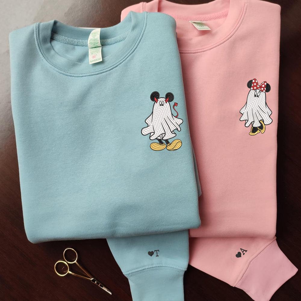 Custom Embroidered Halloween Sweatshirts For Couples, Custom Matching Couple Sweatshirt, Cartoon Ghost Mouse Couples Embroidered Sweater V3