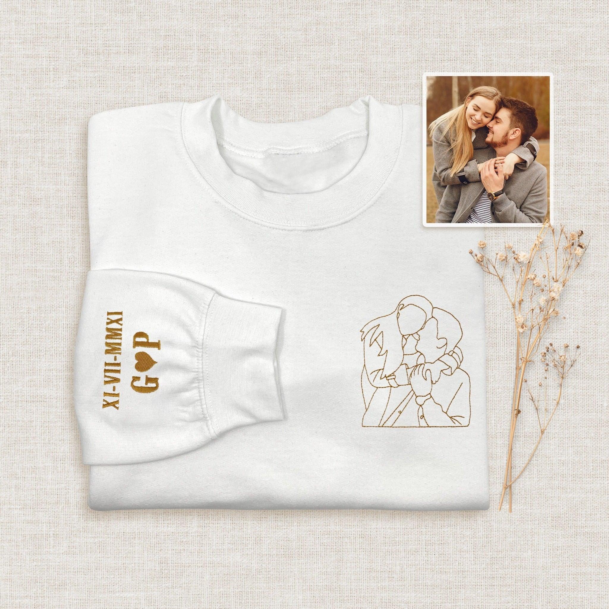 Custom Embroidered Sweatshirts For Couples, Personalized Embroidered Anniversary Date Photo Outline Couple Sweatshirt