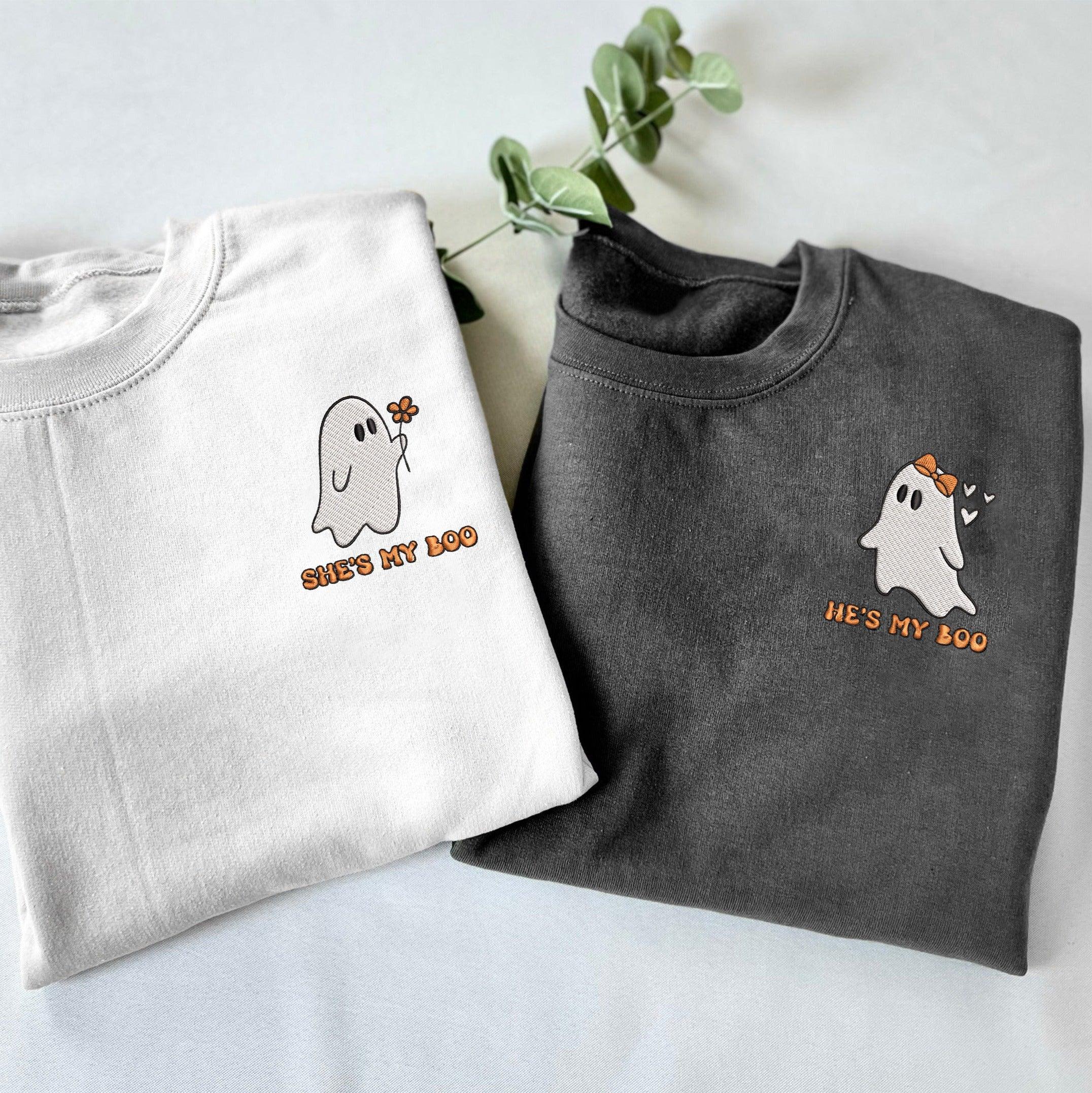 Custom Embroidered Halloween Sweatshirts For Couples, Custom Matching Couple Hoodies, He's My Boo She's My Boo Embroidered Halloween Sweatshirt