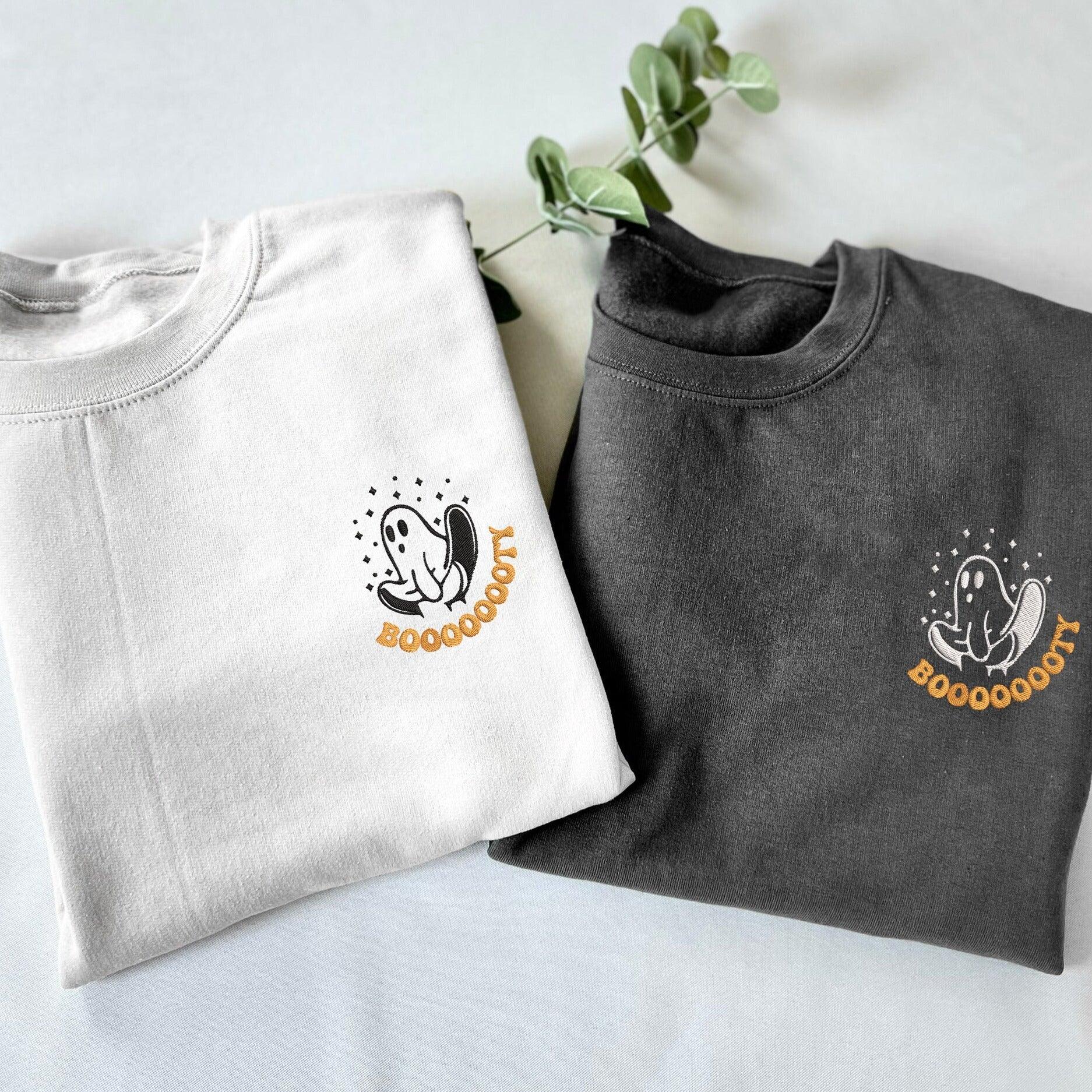 Custom Halloween Embroidered Sweatshirts For Couples, Custom Matching Couple Hoodies, Ghost Booooty Couples Embroidered Matching Sweater