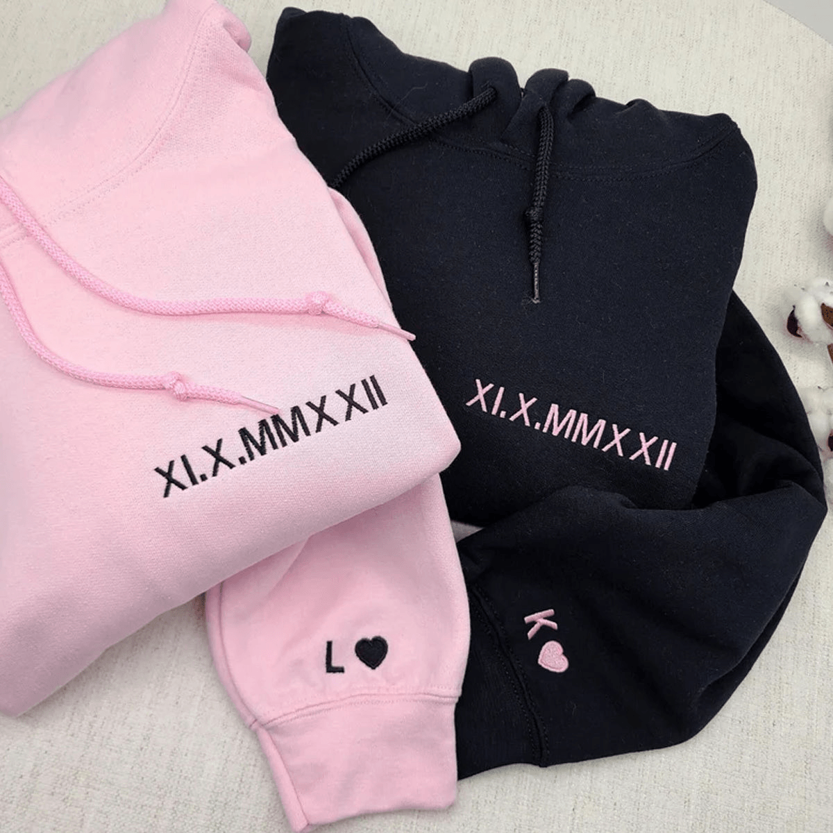 Personalized Roman Numeral Couple Matching Embroidered Sweatshirt Hoodie