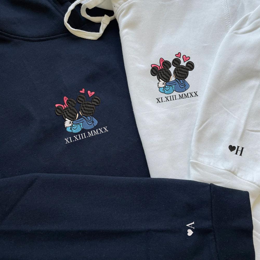 Custom Embroidered Roman Numeral Hoodies For Couples, Roman Numeral Date Hoodie, Cute Cartoon Mouse Hearts Couples Embroidered Hoodie