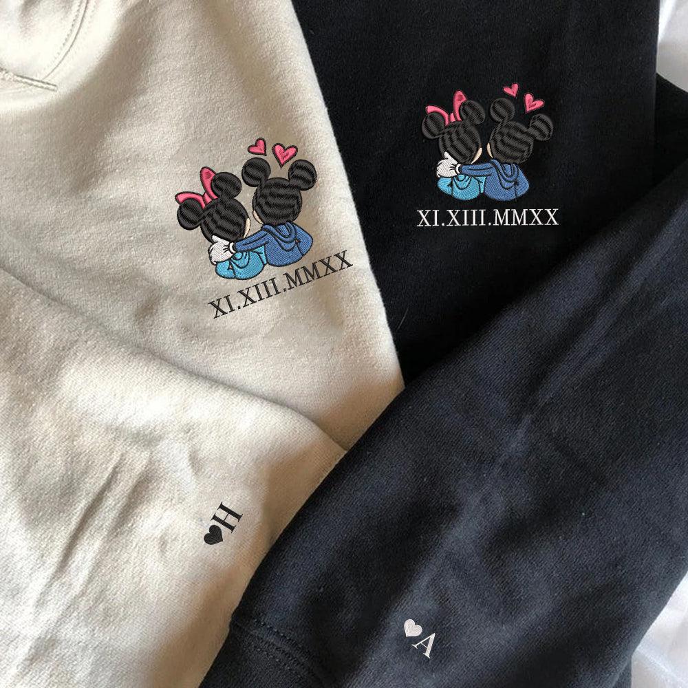 Custom Embroidered Roman Numeral Hoodies For Couples, Roman Numeral Date Hoodie, Cute Cartoon Mouse Hearts Couples Embroidered Hoodie