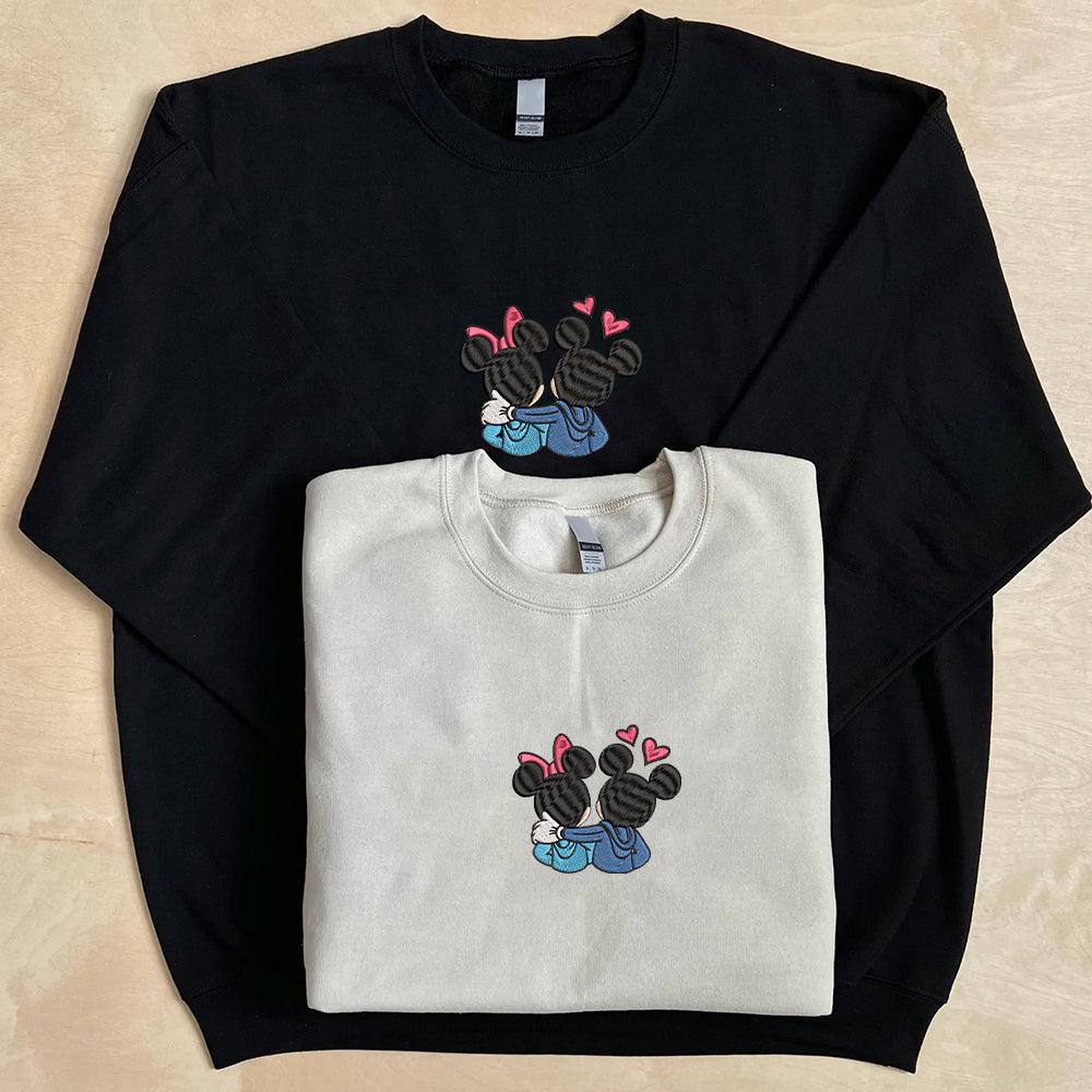 Custom Embroidered Sweatshirts For Couples, Custom Matching Couple Sweatshirt, Cute Couples Mouse Hearts Embroidered Crewneck Sweater