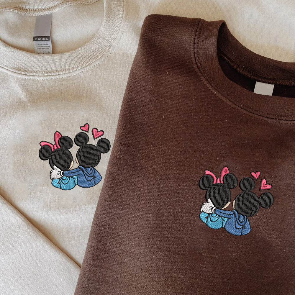 Custom Embroidered Sweatshirts For Couples, Custom Matching Couple Sweatshirt, Cute Couples Mouse Hearts Embroidered Crewneck Sweater