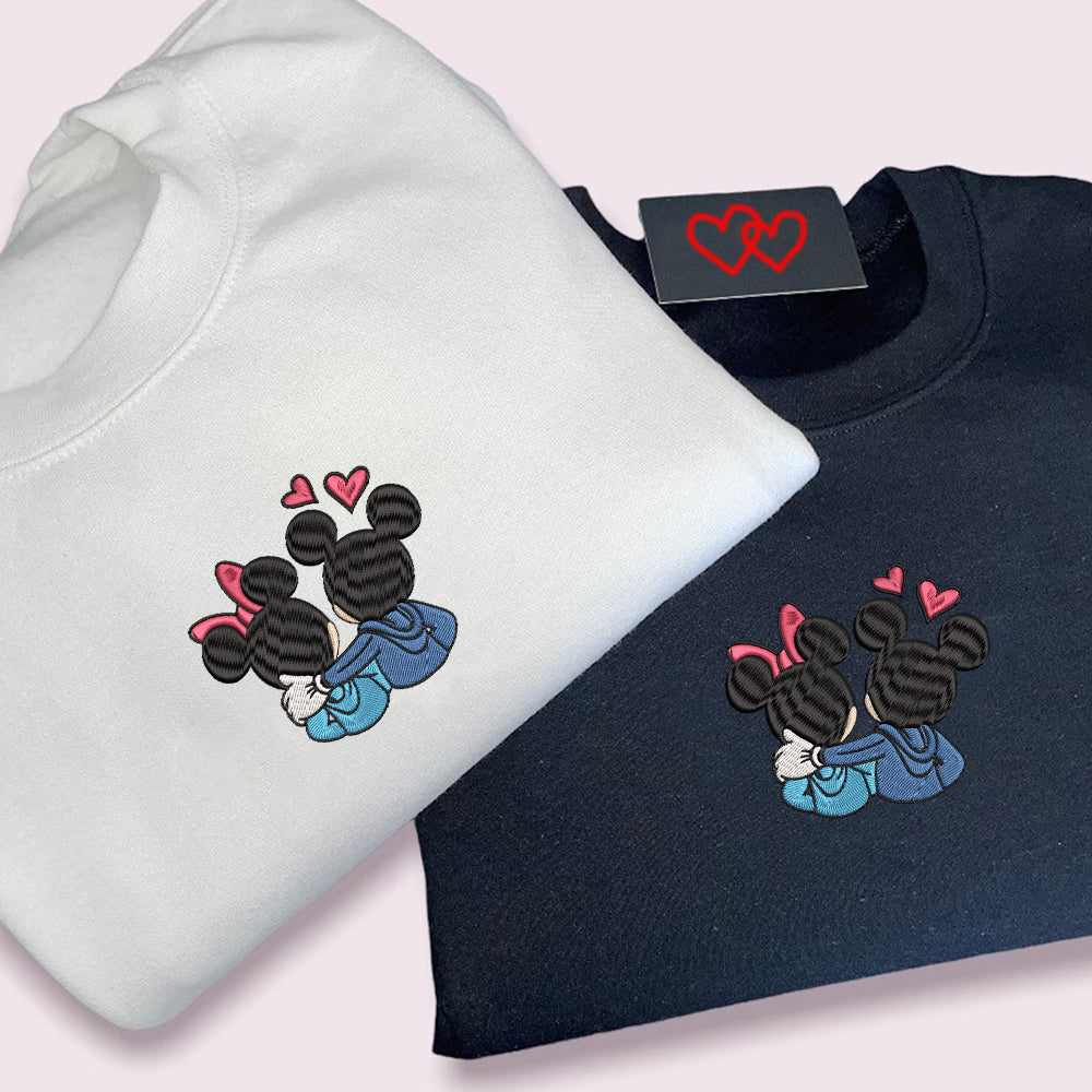 Custom Embroidered Sweatshirts For Couples, Custom Matching Couple Sweatshirt, Cute Couples Mouse Hearts Embroidered Crewneck Sweater
