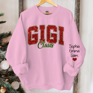 Custom Glitter Print Gigi Claus Christmas Grandma Nickname Sweatshirt With Grandkids Name