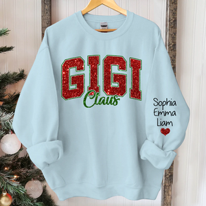 Custom Glitter Print Gigi Claus Christmas Grandma Nickname Sweatshirt With Grandkids Name