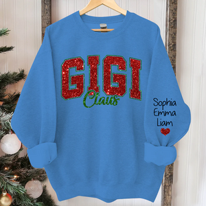 Custom Glitter Print Gigi Claus Christmas Grandma Nickname Sweatshirt With Grandkids Name