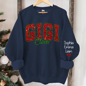 Custom Glitter Print Gigi Claus Christmas Grandma Nickname Sweatshirt With Grandkids Name