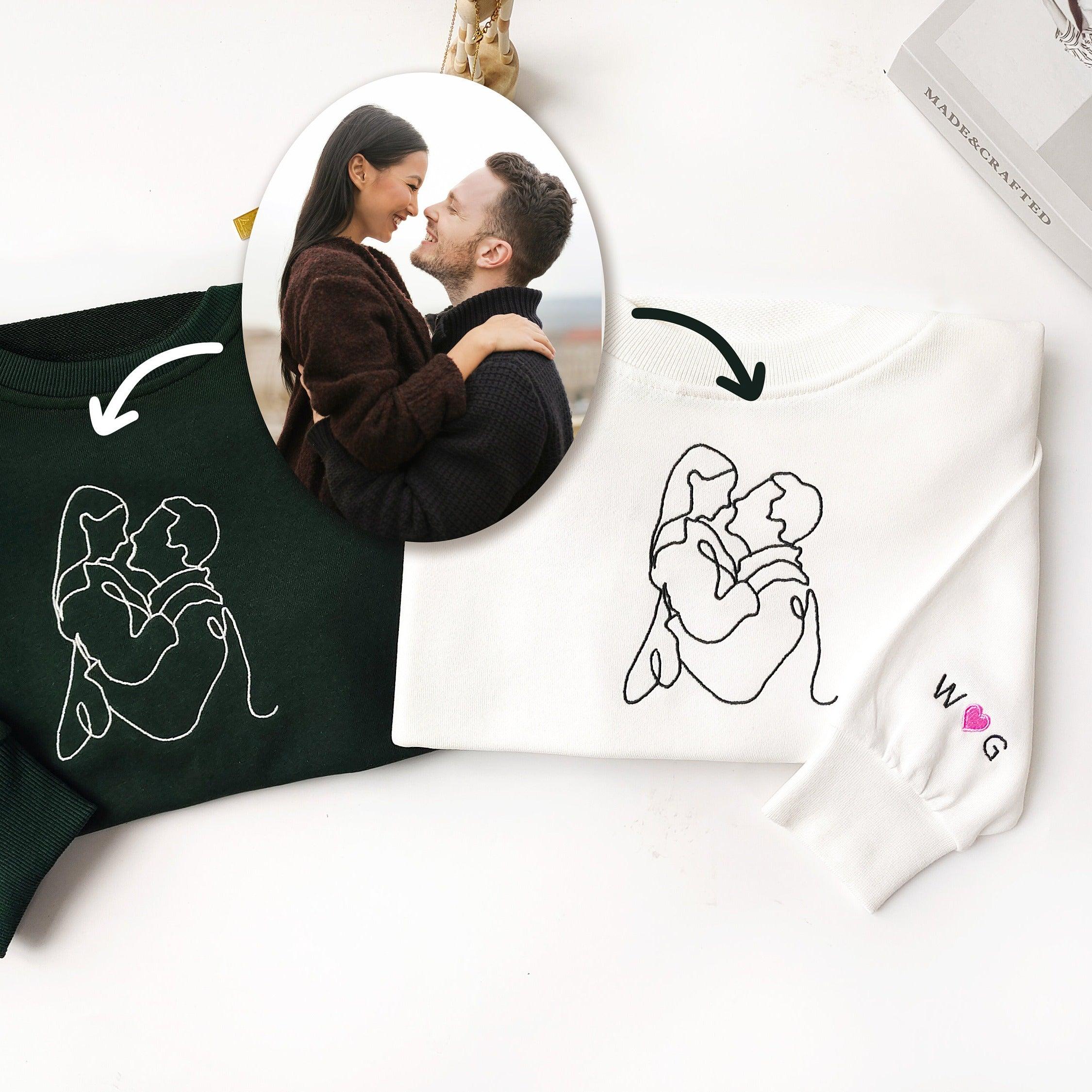 Custom Embroidered Sweatshirts For Couples, Custom Embroidered Portrait From Photo Matching Couple Sweatshirt Hoodie, Outline Photo Sweater
