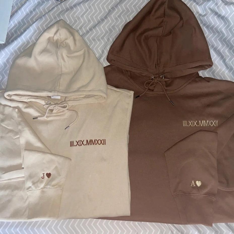 Custom Embroidered Hoodies For Couples, Best Matching Hoodies For Couples, Embroidered Roman Numeral Embroidery Sweatshirt