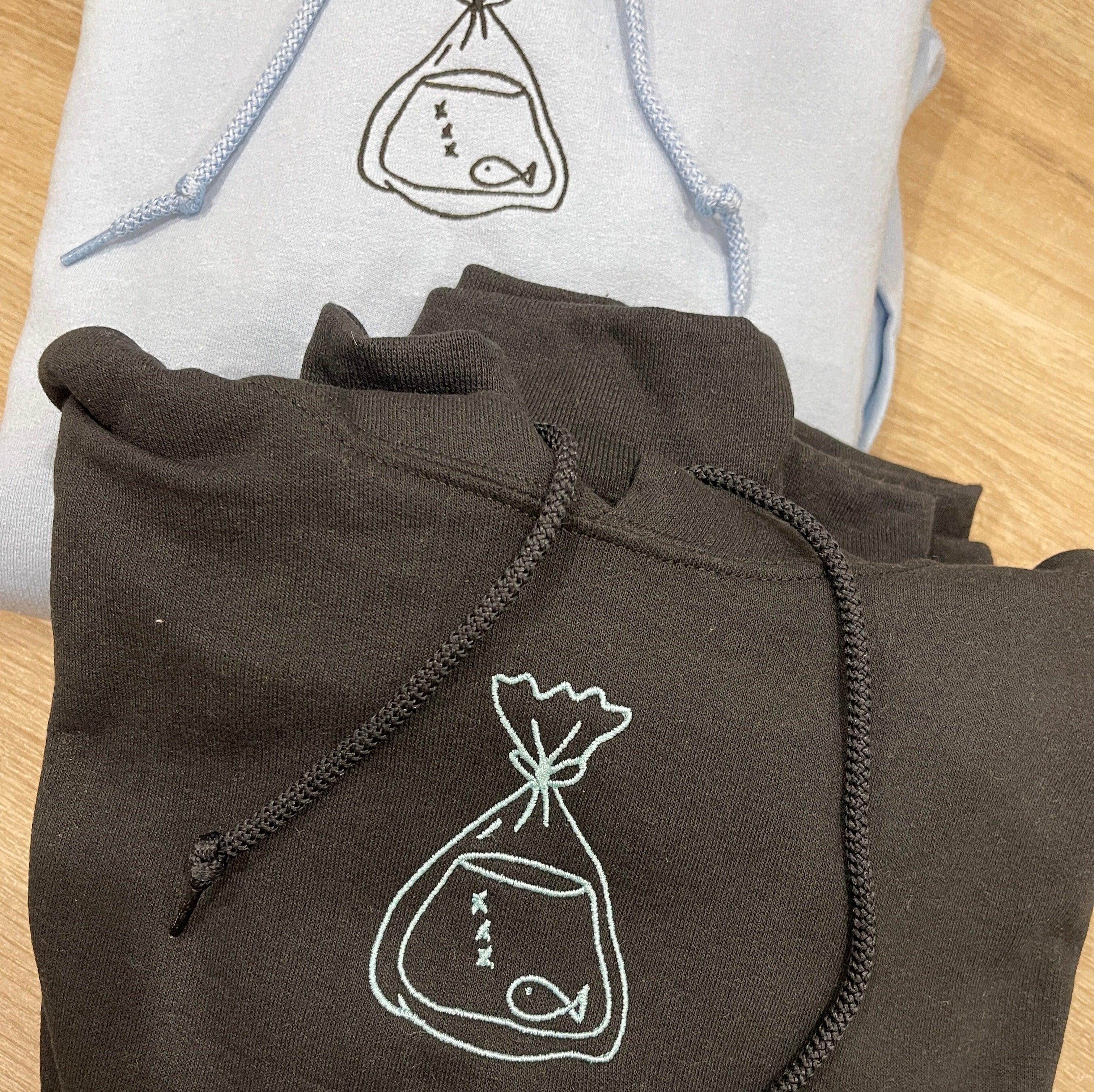Custom Fish in a Bag Embroidered Matching Set Couple Sweatshirt Hoodies