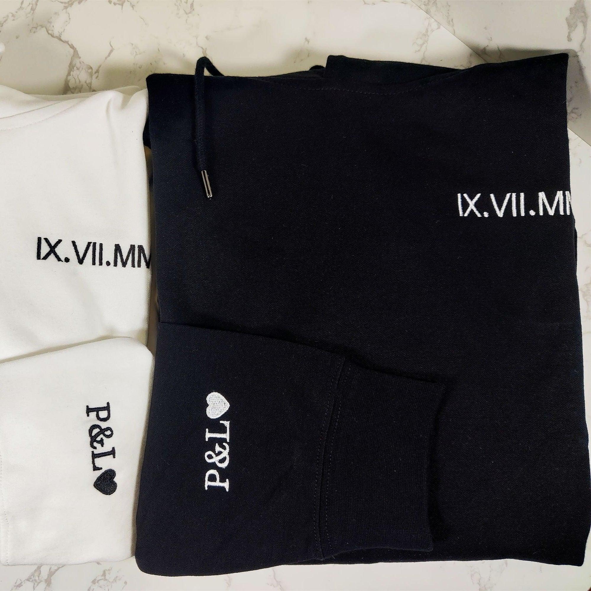 Personalized Embroidered Matching Hoodies with Roman Numerals Date Text and Initials on Sleeve