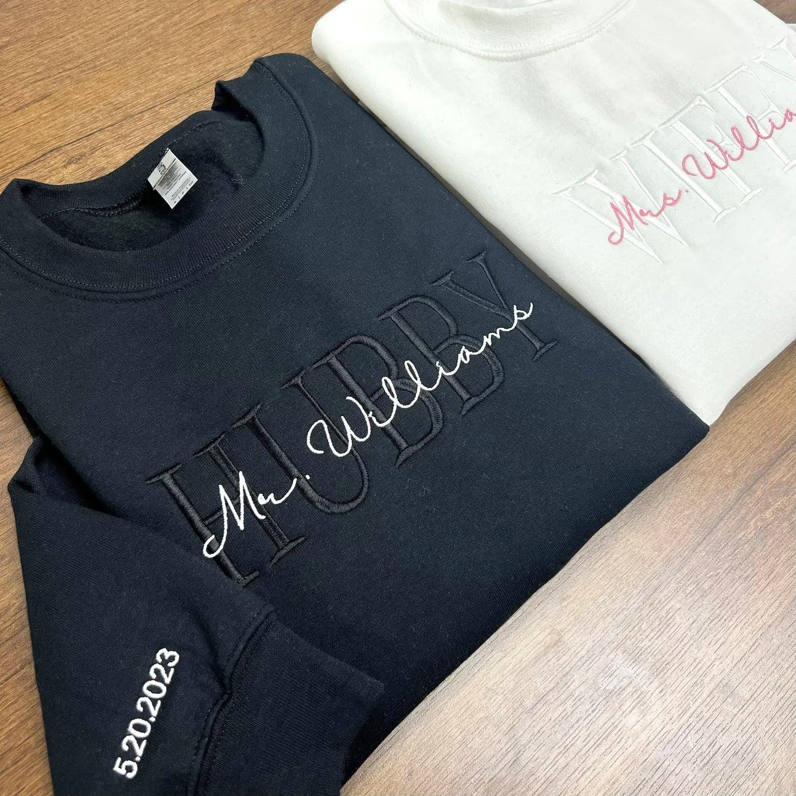 Custom Embroidered Mr Mrs Hubby Wifey Date On Sleeve Couple Matching Embroidered Sweatshirt
