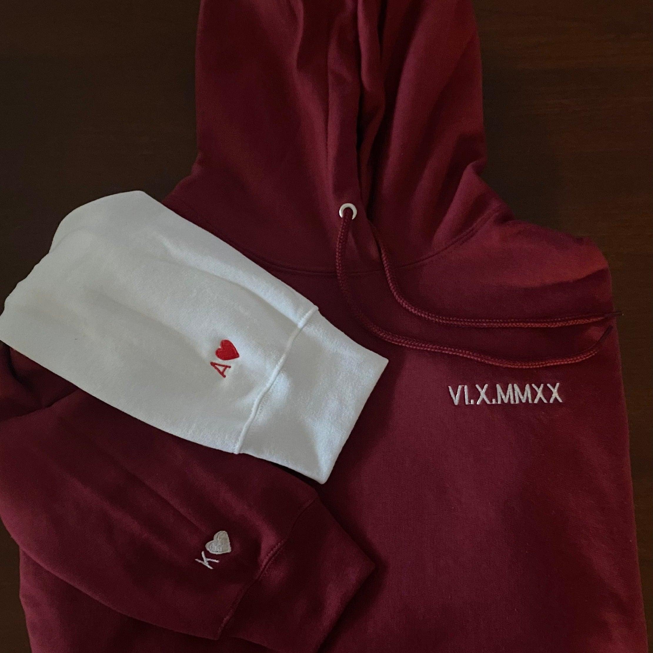 Custom Embroidered Roman Numeral Date Initials on Sleeves Couple Matching Embroidered Crewneck Sweatshirt Hoodie
