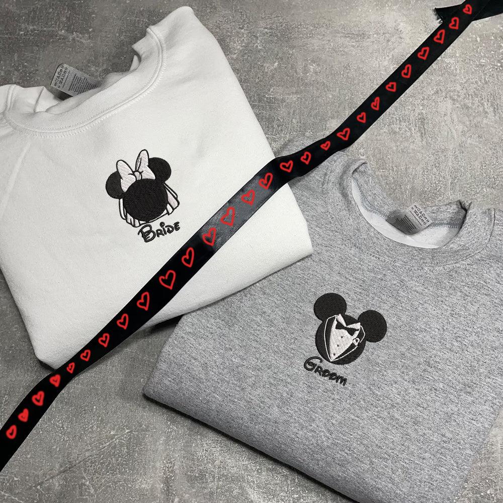 Custom Embroidered Sweatshirts For Couples, Custom Matching Couple Sweatshirt, Cartoon Mouse Bride Groom Couples Embroidered Sweater