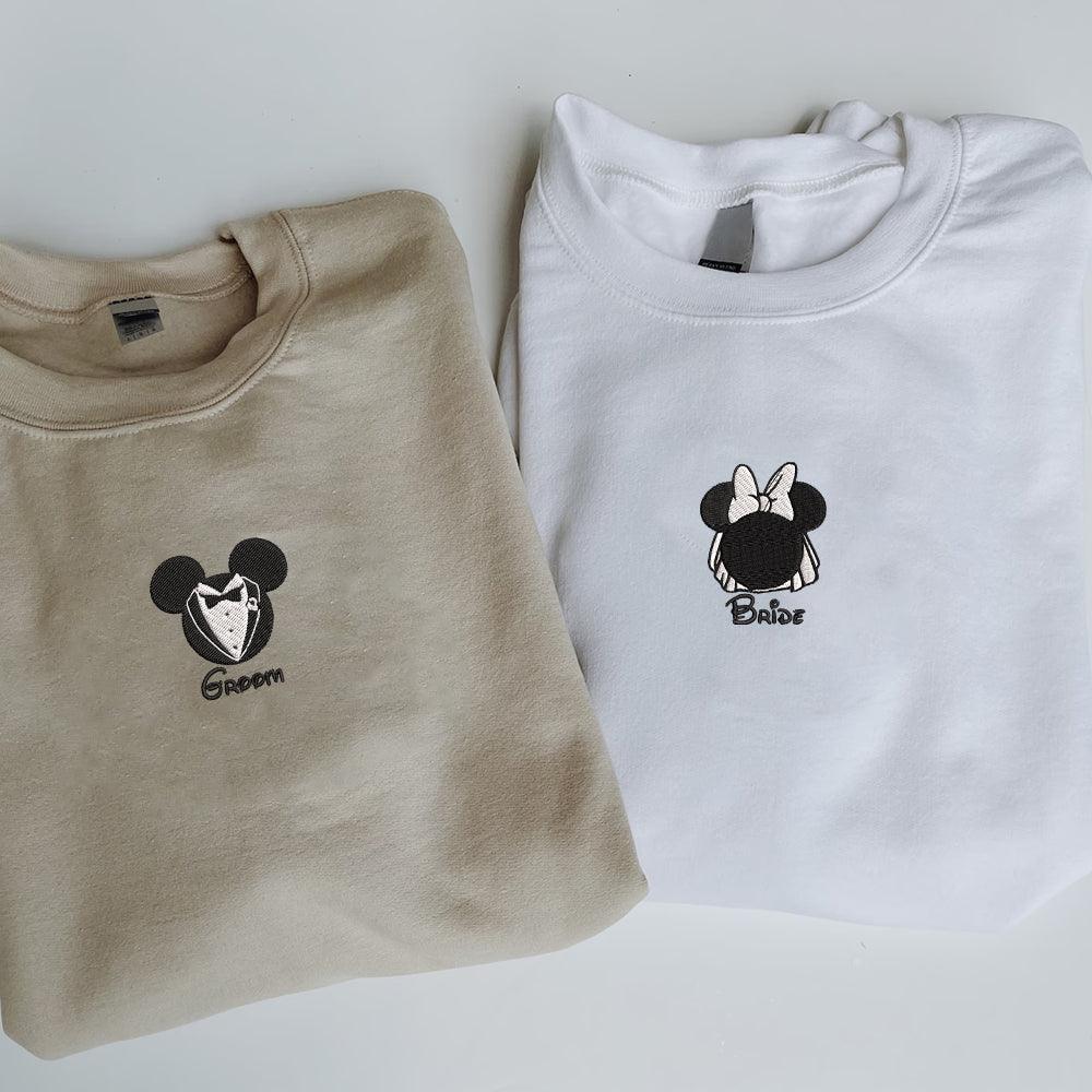 Custom Embroidered Sweatshirts For Couples, Custom Matching Couple Sweatshirt, Cartoon Mouse Bride Groom Couples Embroidered Sweater