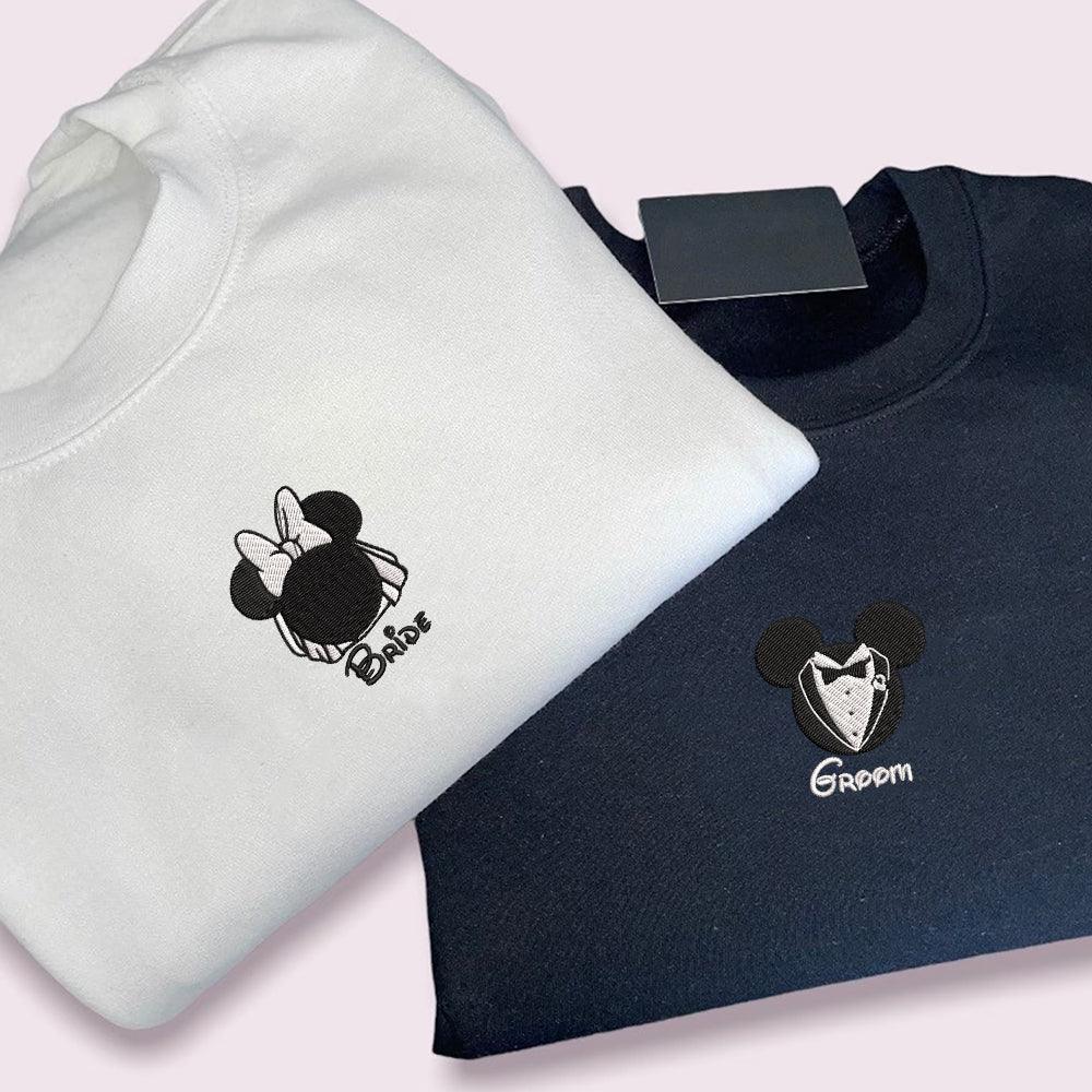 Custom Embroidered Sweatshirts For Couples, Custom Matching Couple Sweatshirt, Cartoon Mouse Bride Groom Couples Embroidered Sweater