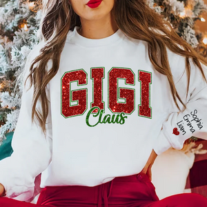 Custom Glitter Print Gigi Claus Christmas Grandma Nickname Sweatshirt With Grandkids Name
