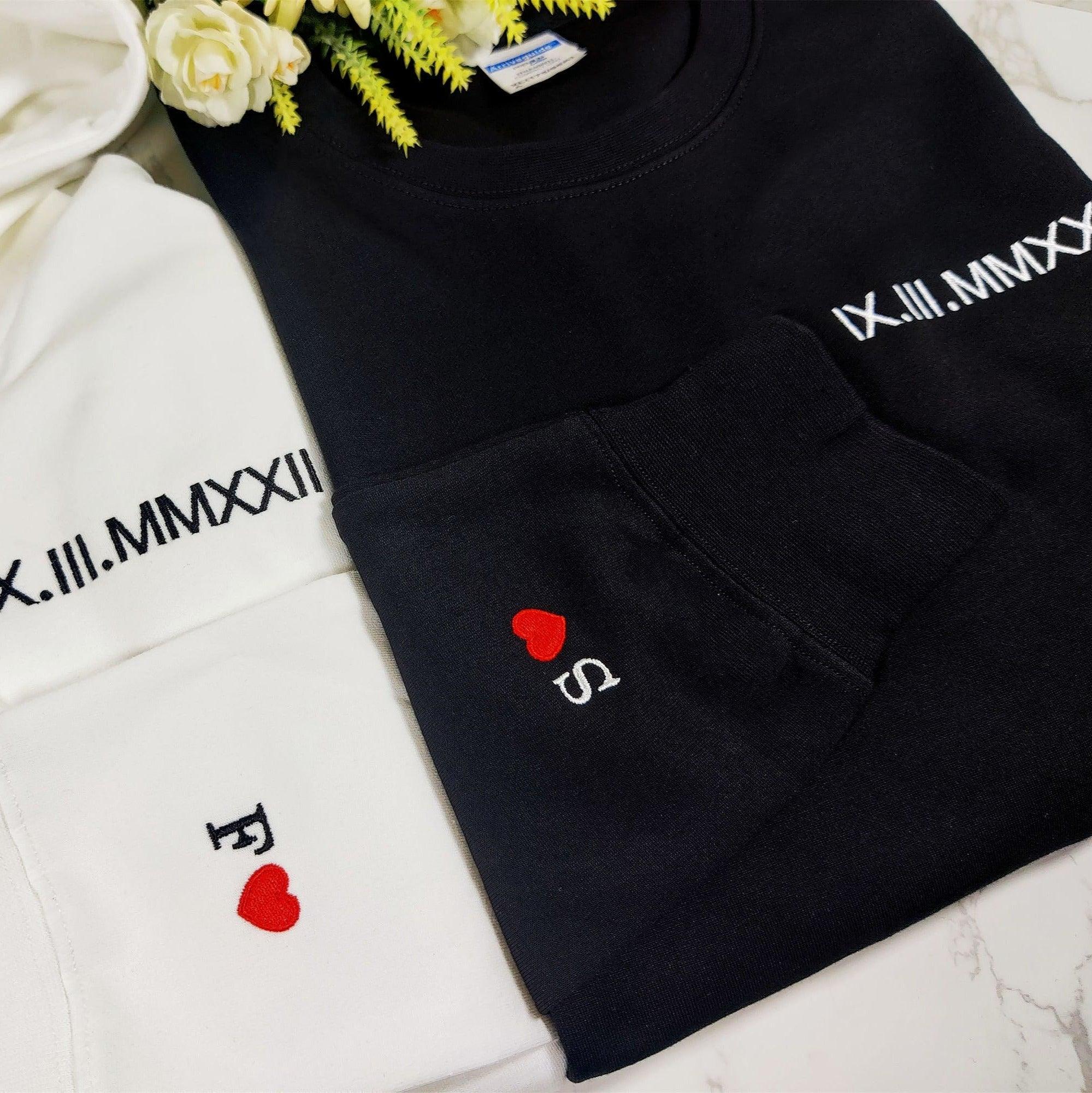 Personalized Embroidered Matching Hoodies with Roman Numerals Date Text and Initials on Sleeve