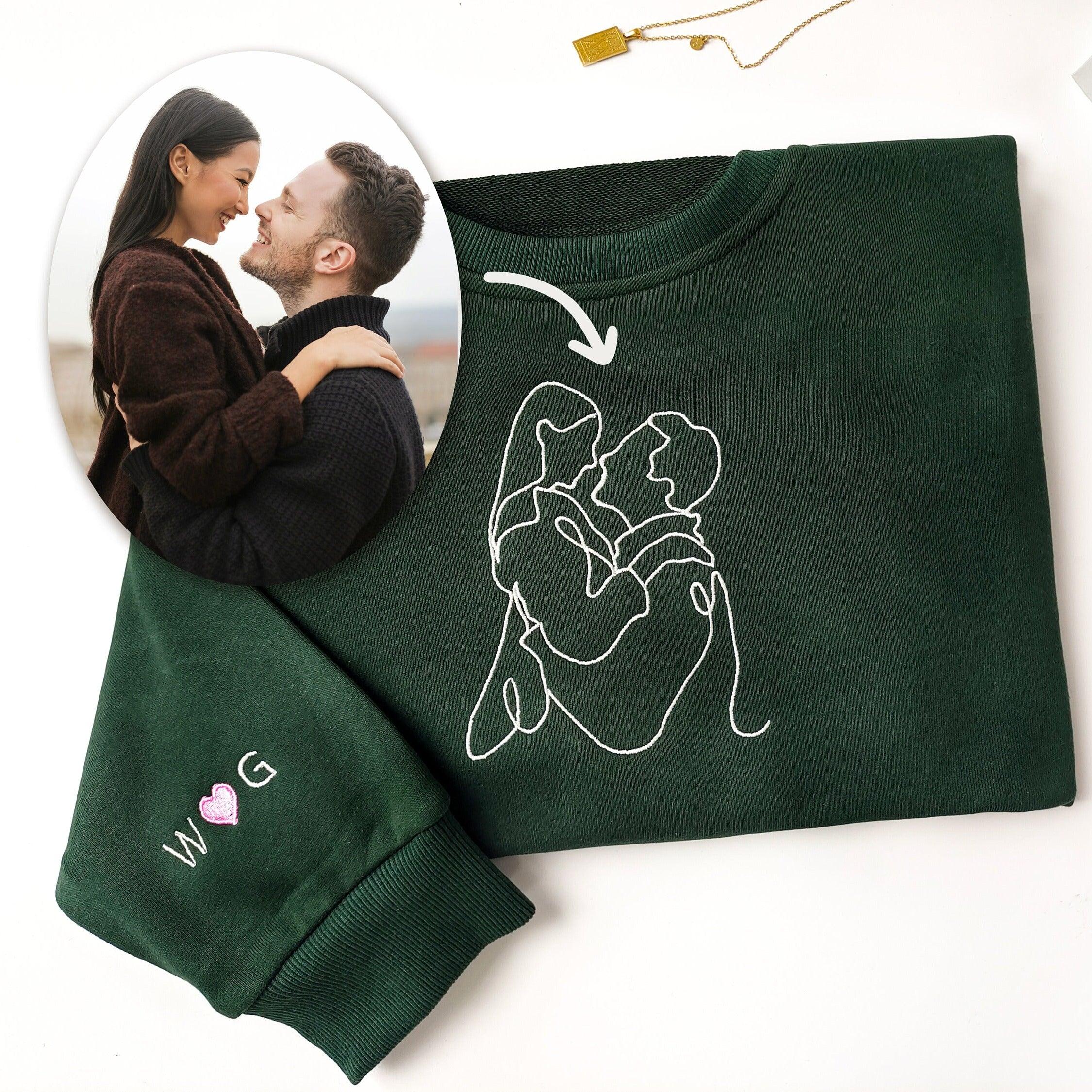 Custom Embroidered Sweatshirts For Couples, Custom Embroidered Portrait From Photo Matching Couple Sweatshirt Hoodie, Outline Photo Sweater
