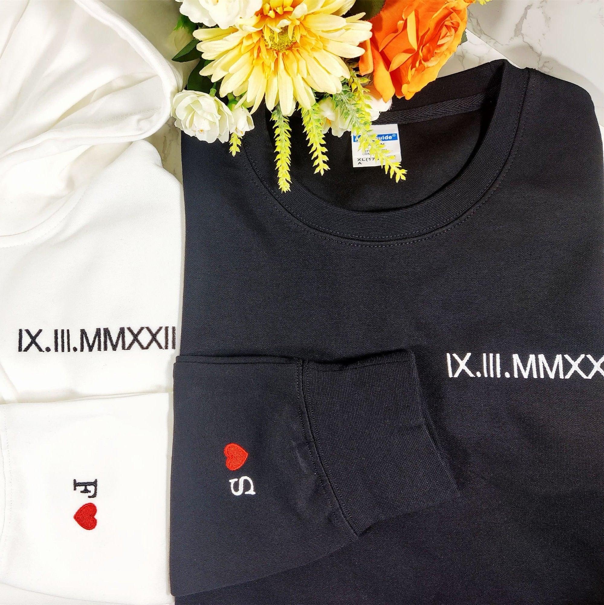 Custom Date Roman Numeral Embroidered Couples Gift Hoodie Sweatshirt