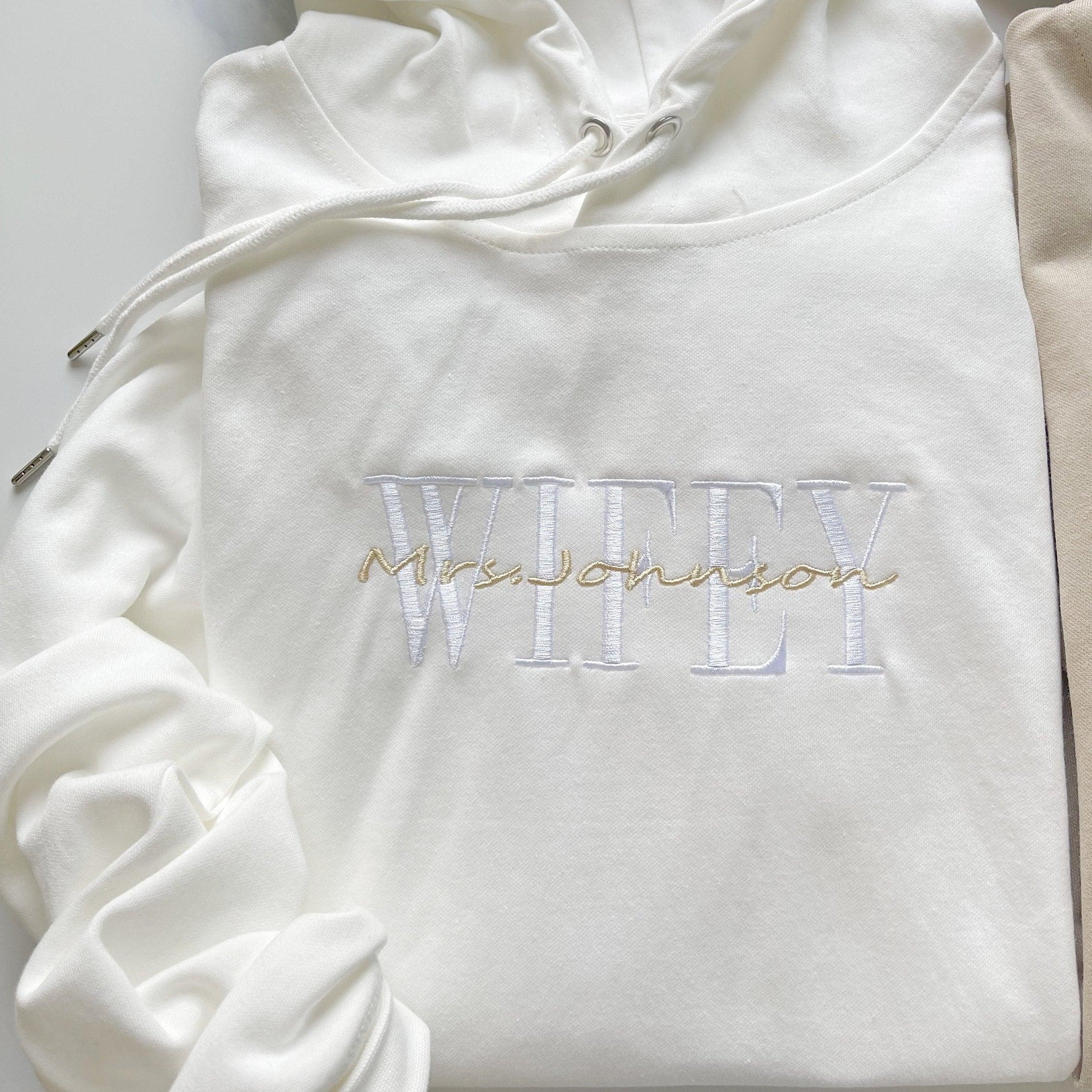 Custom Embroidered Wifey Hubby Date On Sleeve Anniversary Sweatshirt Hoodies