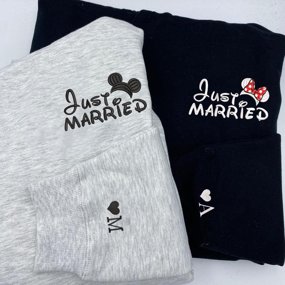 Custom Just Married Cartoon Inspired Embroidered Honeymoon Couples Matching Embroidered Sweatshirt Hoodies