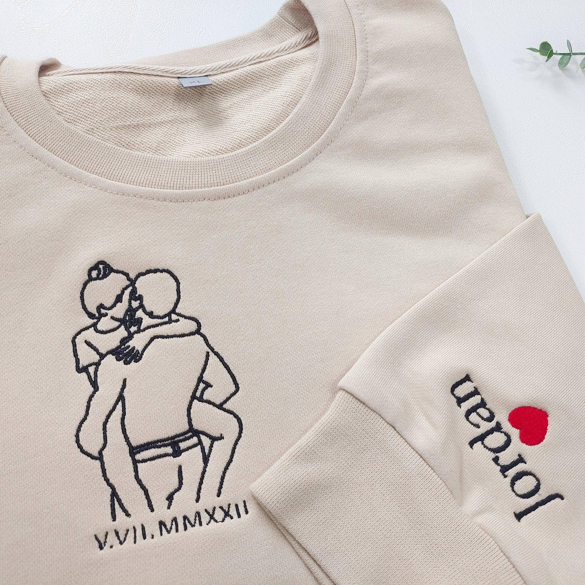 Custom Embroidered Sweatshirts For Couples, Custom Embroidered Portrait Photo Roman Numeral Date, Matching Couple Embroidered Sweatshirt Hoodie