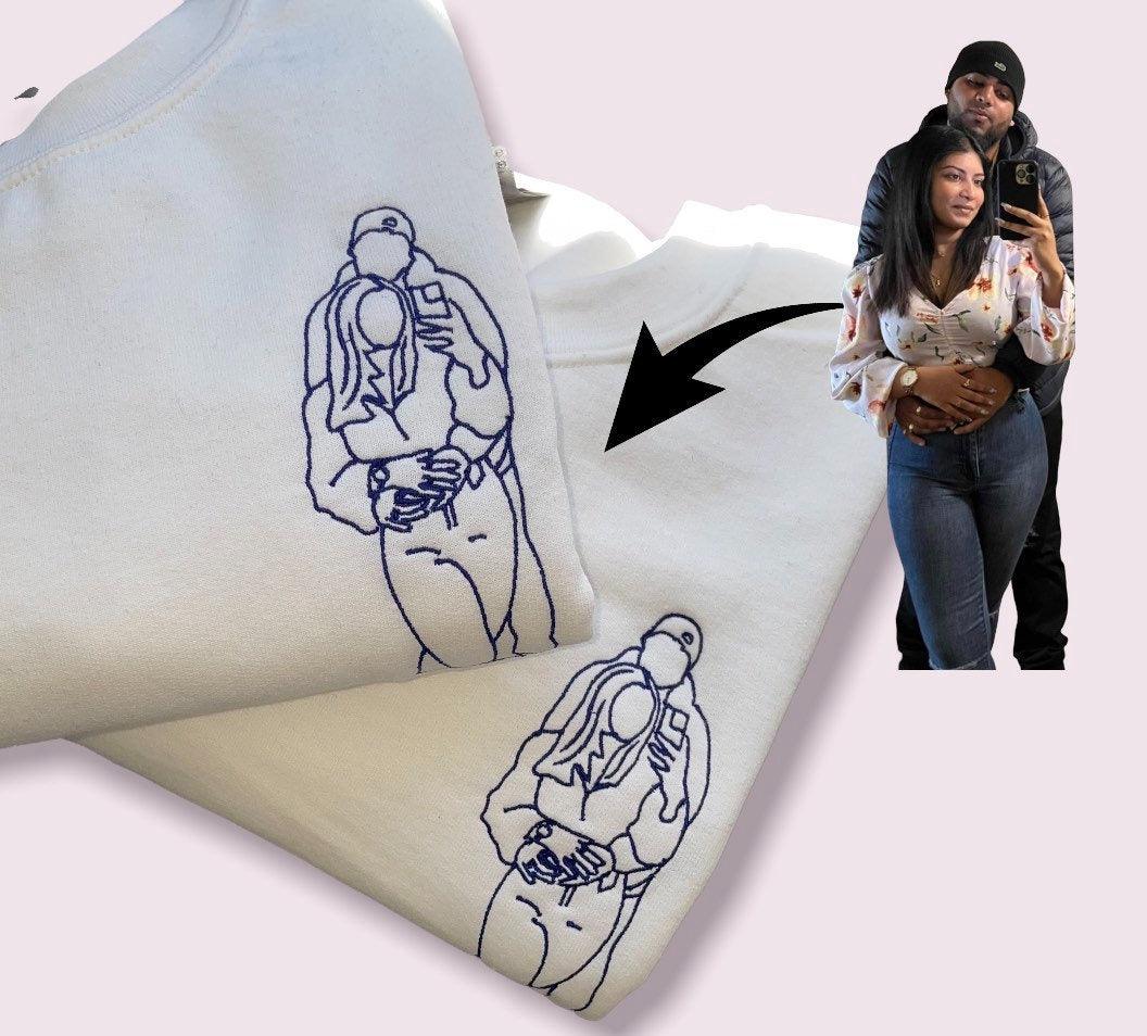 Custom Embroidered Sweatshirts For Couples, Custom Embroidered Outline Portrait From Photo Matching Couples Sweatshirt, Outline Photo Sweater
