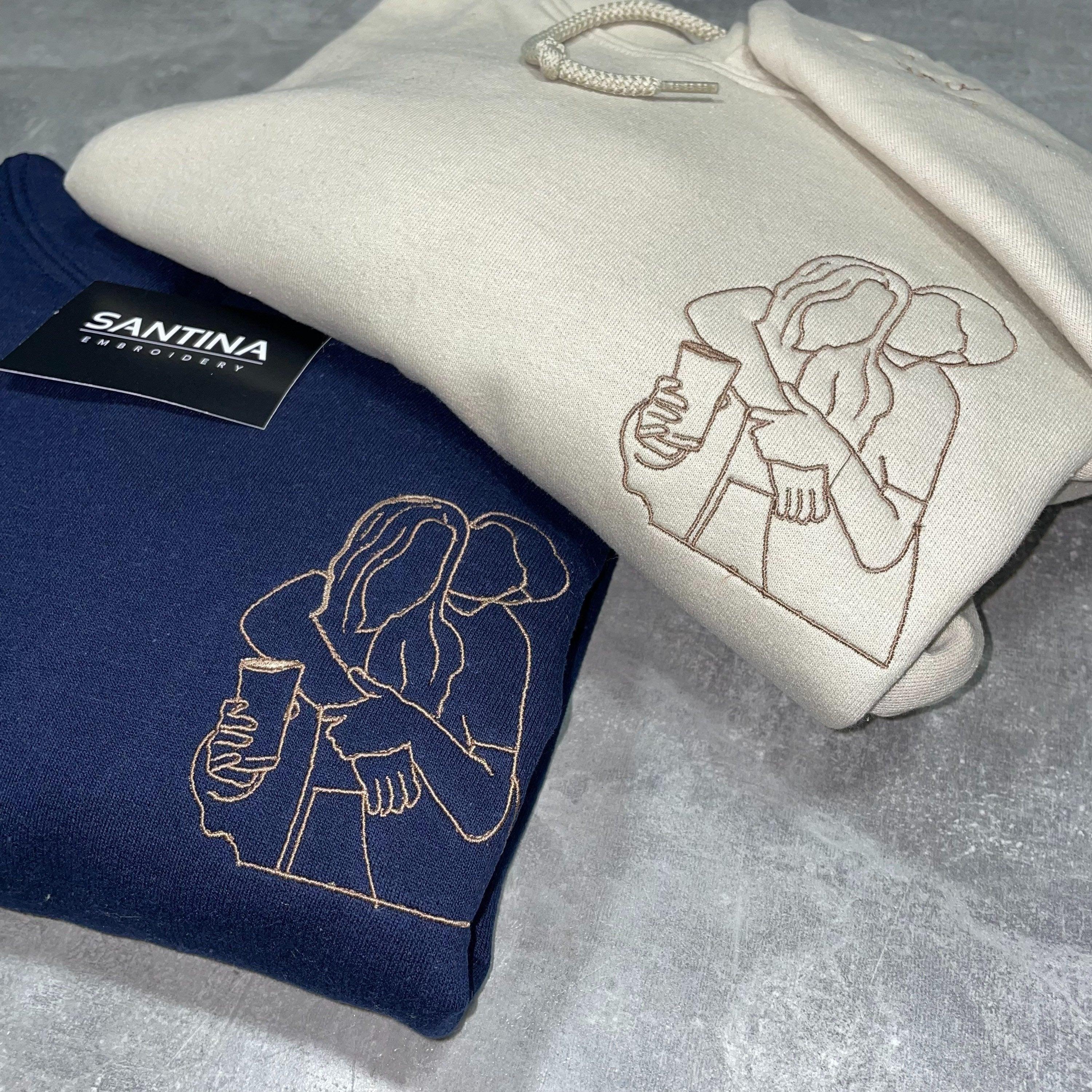 Custom Embroidered Sweatshirts For Couples, Custom Embroidered Outline Portrait From Photo Matching Couples Sweatshirt, Outline Photo Sweater
