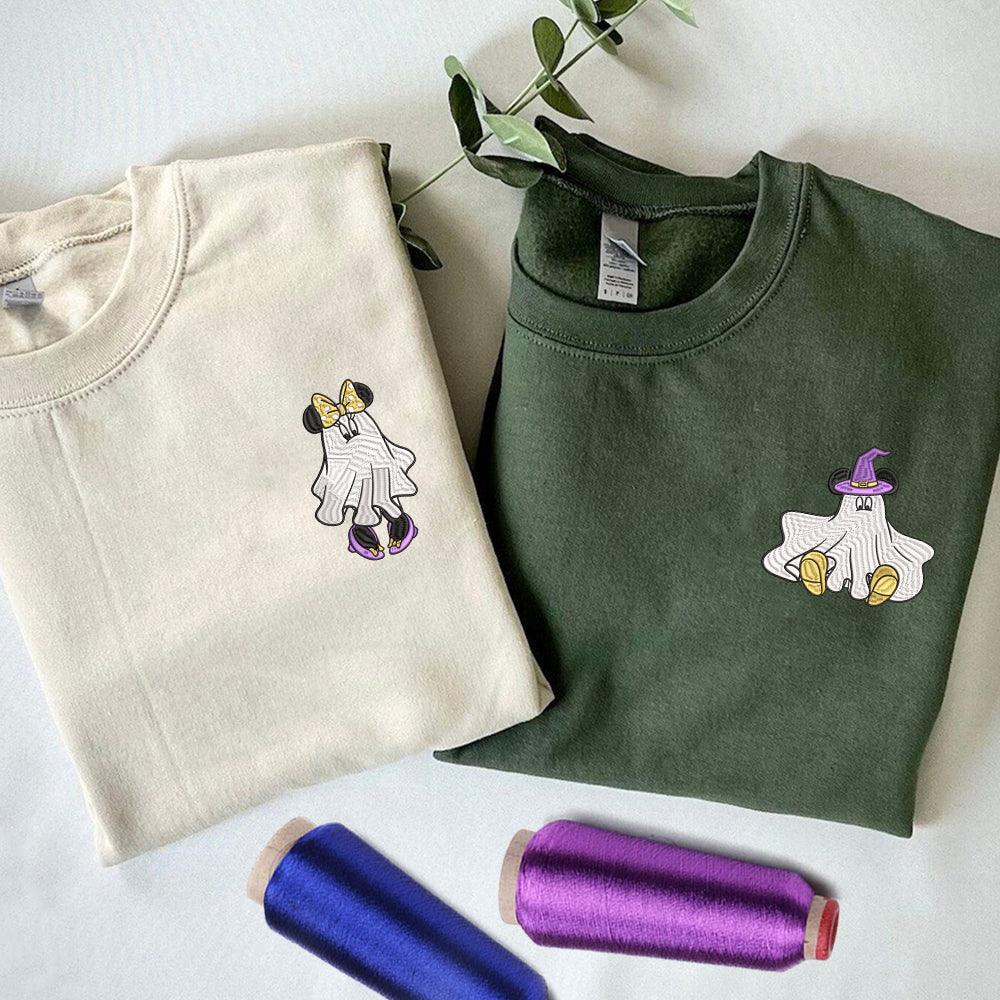 Custom Embroidered Halloween Sweatshirts For Couples, Custom Matching Couple Sweatshirt, Cartoon Ghost Mouse Couples Embroidered Sweater V1