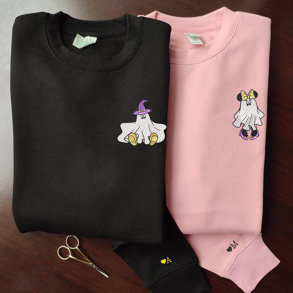 Custom Embroidered Halloween Sweatshirts For Couples, Custom Matching Couple Sweatshirt, Cartoon Ghost Mouse Couples Embroidered Sweater V2