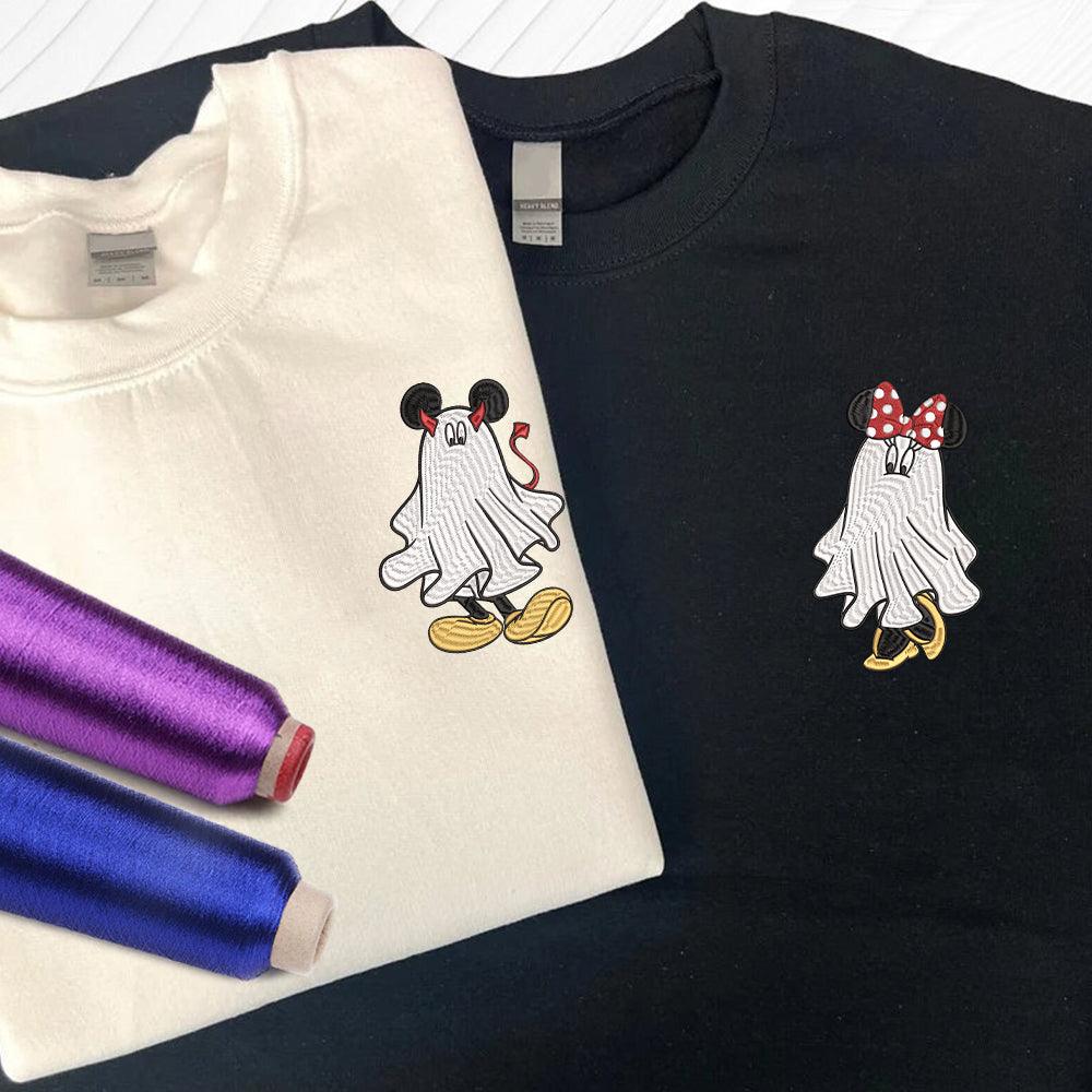 Custom Embroidered Halloween Sweatshirts For Couples, Custom Matching Couple Sweatshirt, Cartoon Ghost Mouse Couples Embroidered Sweater V3