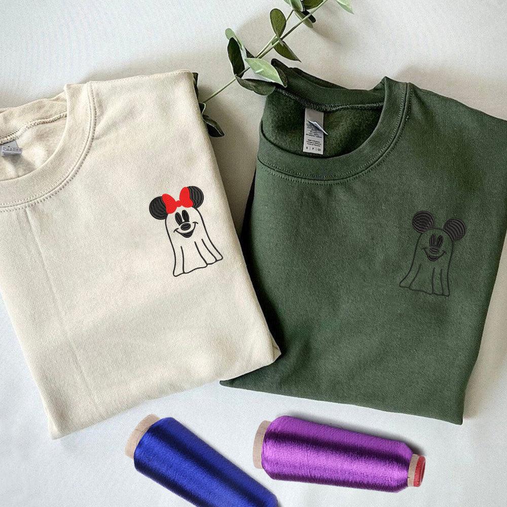 Custom Embroidered Halloween Sweatshirts For Couples, Custom Matching Couple Sweatshirt, Cartoon Mouse Couples Embroidered Sweater V3