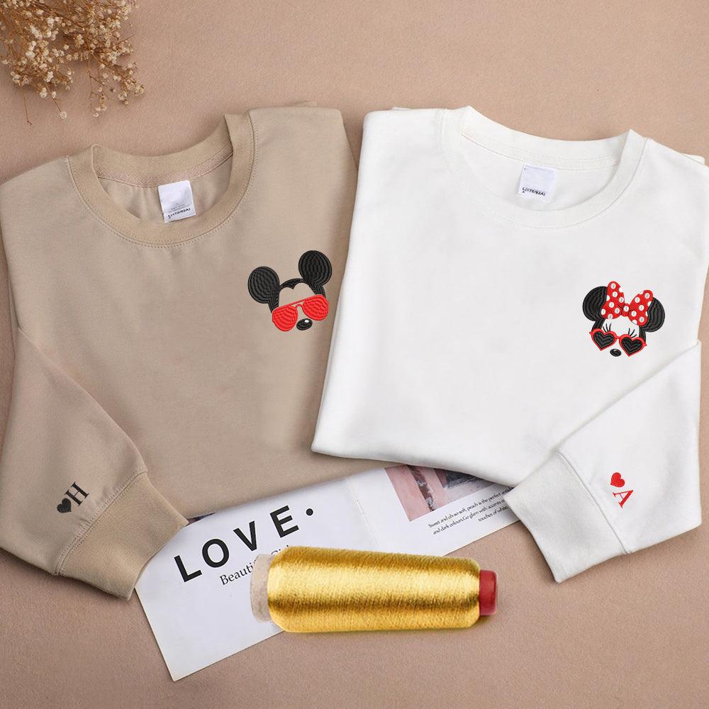 Custom Embroidered Sweatshirts For Couples, Custom Matching Couple Sweatshirt, Cartoon Mouse Inspired Couples Embroidered Matching Sweater