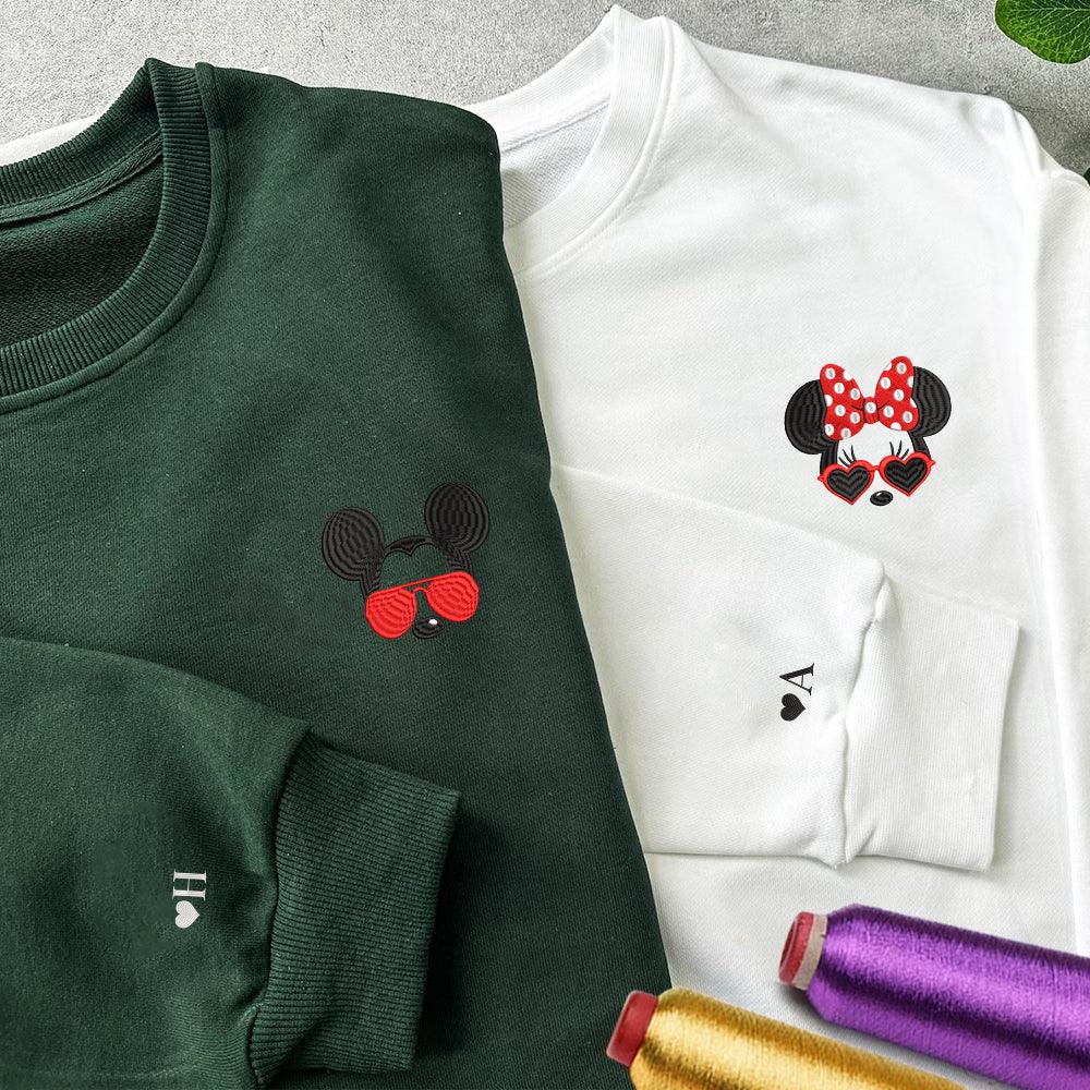 Custom Embroidered Sweatshirts For Couples, Custom Matching Couple Sweatshirt, Cartoon Mouse Inspired Couples Embroidered Matching Sweater