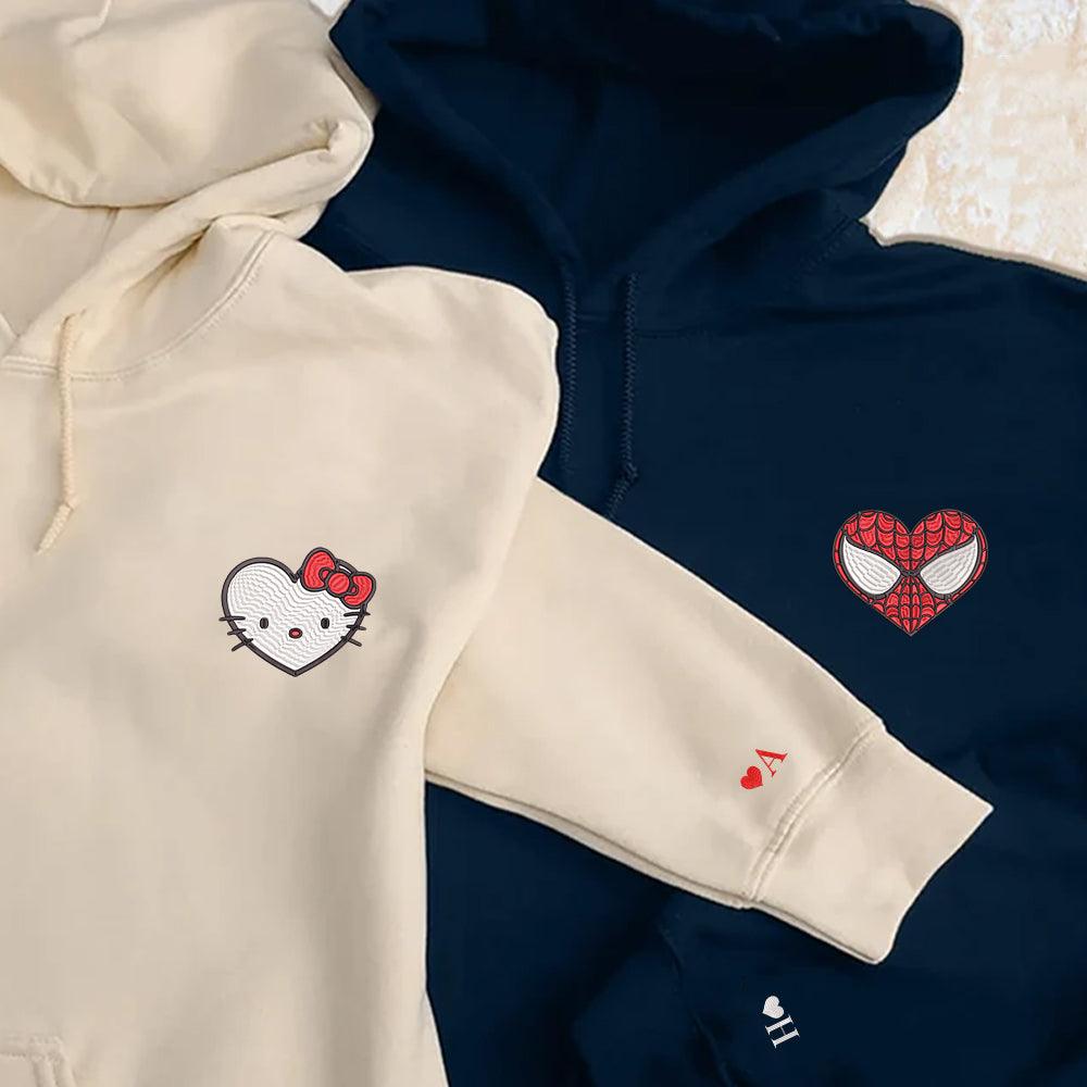Custom Embroidered Hoodies For Couples, Custom Matching Couple Hoodie, Cartoon Spider x Cat Couples Embroidered Hoodie