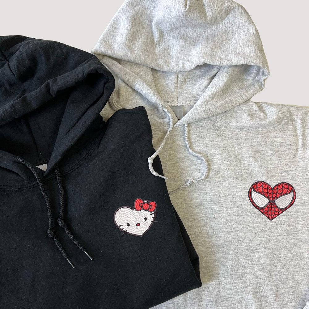 Custom Embroidered Hoodies For Couples, Custom Matching Couple Hoodie, Cartoon Spider x Cat Couples Embroidered Hoodie
