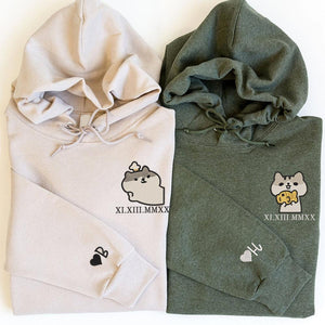 Custom Embroidered Hoodie | Matching Couple Sweatshirts | Roman Numerals & Cute Cat Design