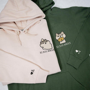 Custom Embroidered Hoodie | Matching Couple Sweatshirts | Roman Numerals & Cute Cat Design