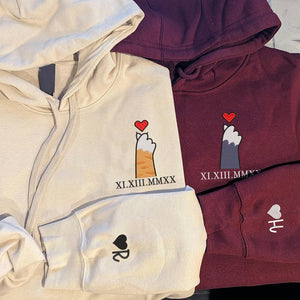 Custom Embroidered Hoodie | Matching Couple Sweatshirts | Cat Paw & Heart Design