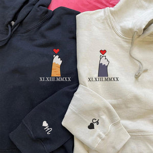 Custom Embroidered Hoodie | Matching Couple Sweatshirts | Cat Paw & Heart Design