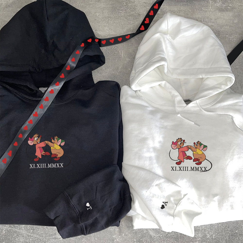 Custom Embroidered Roman Numeral Hoodies For Couples, Roman Numeral Date Hoodie, Cute Mouse Couples Embroidered Hoodie