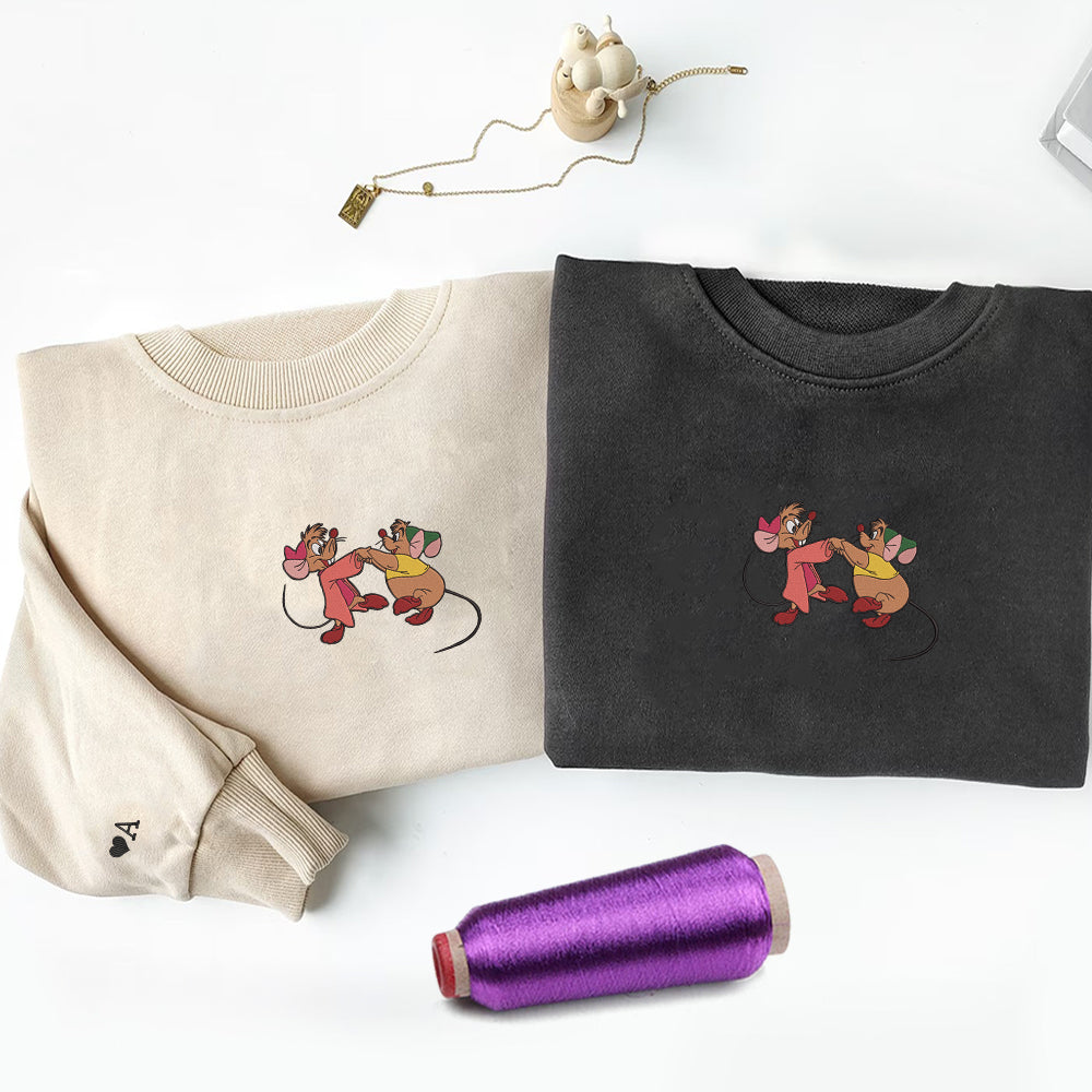 Custom Embroidered Sweatshirts For Couples, Custom Matching Couple Sweatshirt, Cute Cartoon Mouse Couples Embroidered Crewneck Sweater