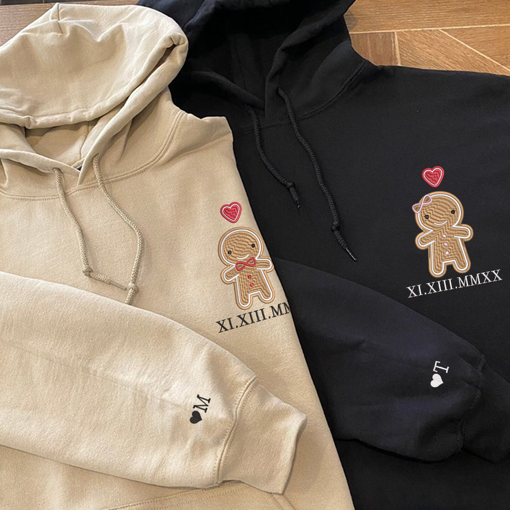Custom Embroidered Roman Numeral Date Hoodies For Couples, Cookie Cute Gingerbread Christmas Couples Embroidered Hoodie